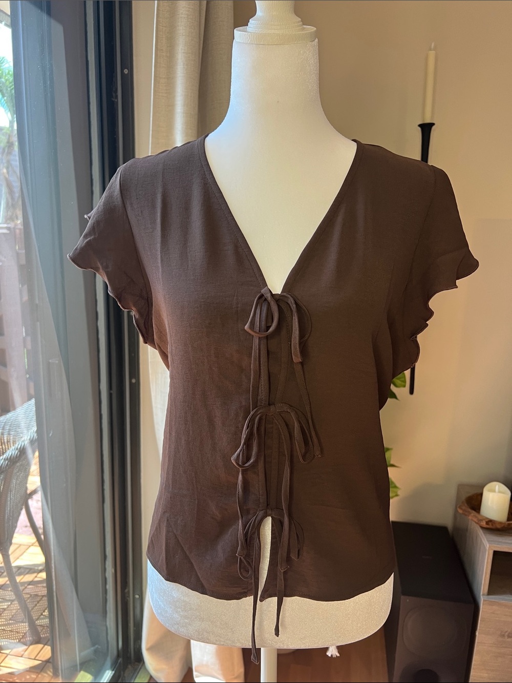Brown Tie-Front Ruffle Sleeve Blouse